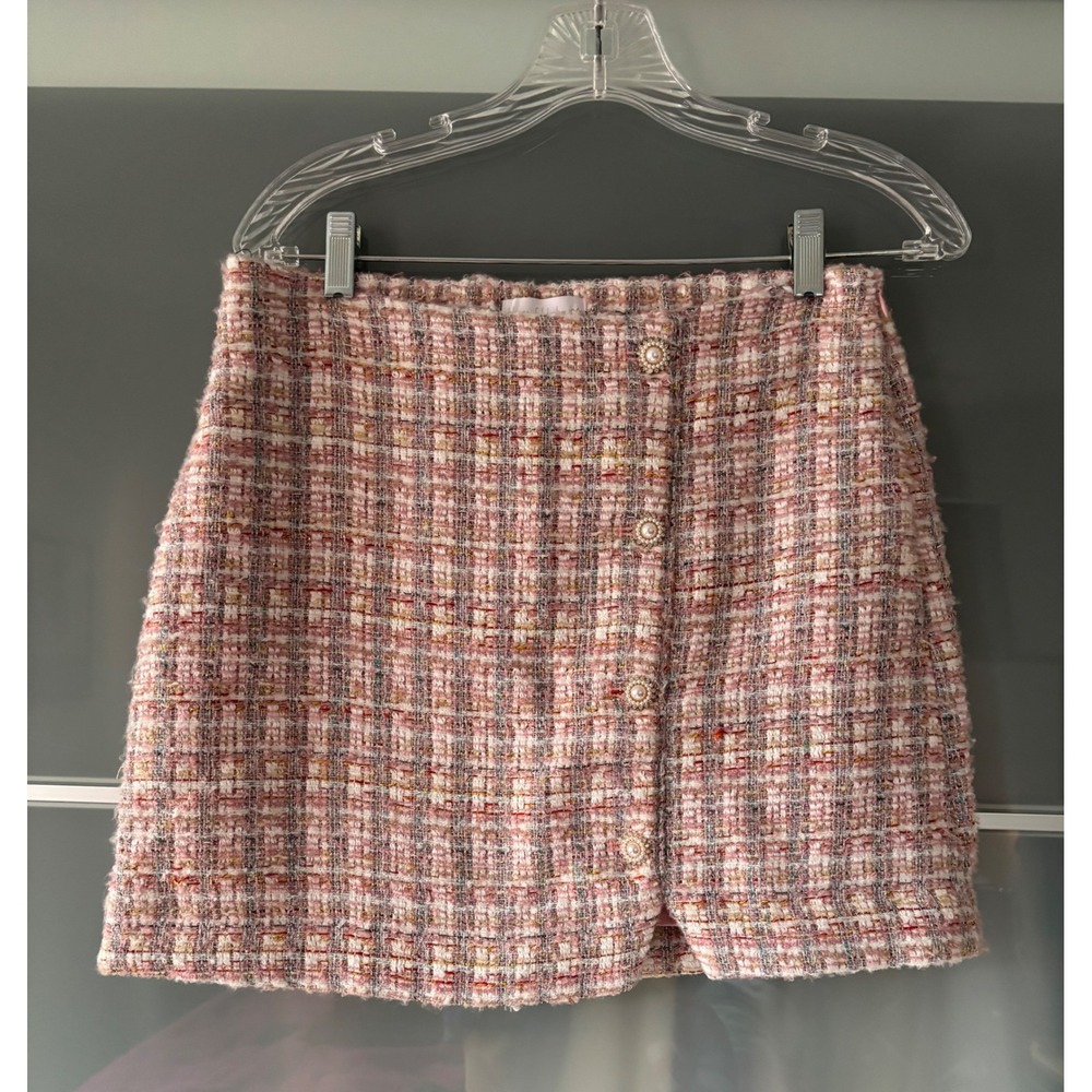 NWT** House of Harlow 1960 Pixie Dust Tweed Mini Skirt Pink Plaid Pearl Button S